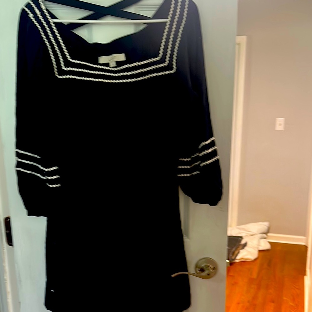 Elegant navy blue  Dress with White Trim